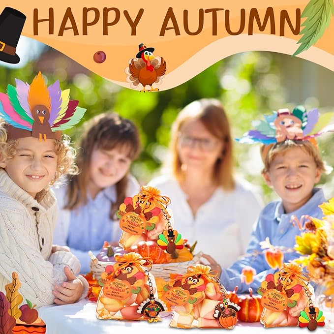 72 Pcs Thanksgiving Gifts for Students 24 Set Friendsgiving Goodie Bags Turkey Keychain Gifts & Organza Bags & Card for Students Key Chain Classroom Reward Gift Party Goodie Bag Stuffers Gift