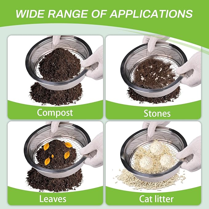 8PCS Soil Sifter Sieve Set - Rock Sifter, Sieve Fine Mesh Stainless Steel, Compost Sifter, with 1/3/6/9/12mm Sieve Mesh & Shovel & Gloves, Suitable for Screening Particulate Matter