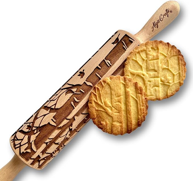 Embossing Rolling Pin BIRCH. Engraved Wooden Embossed Dough Roller for Embossed Cookies or Clay by Algis Crafts
