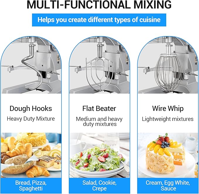 30Qt 1250W Commercial Food Mixer, Commercial mixer 3-Speed Adjustable Heavy Duty Stand Mixer with Stainless Steel Bowl for Bakery Pizzeria.
