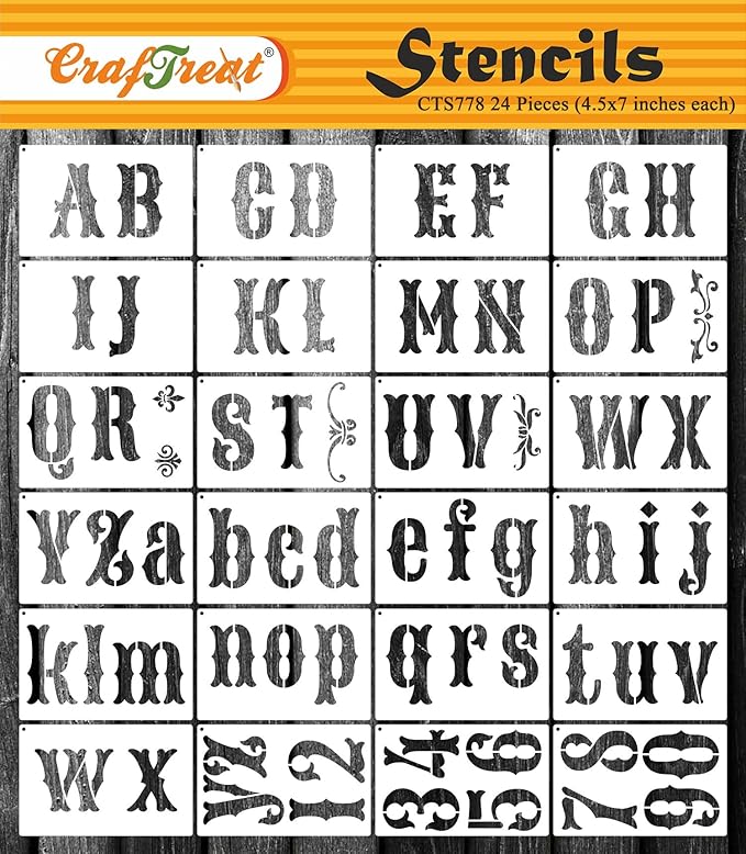 CrafTreat Reusable 24-Piece Calligraphy Stencils, Vintage Font (4.5x7), Letter & Alphabet Stencils for DIY Crafts