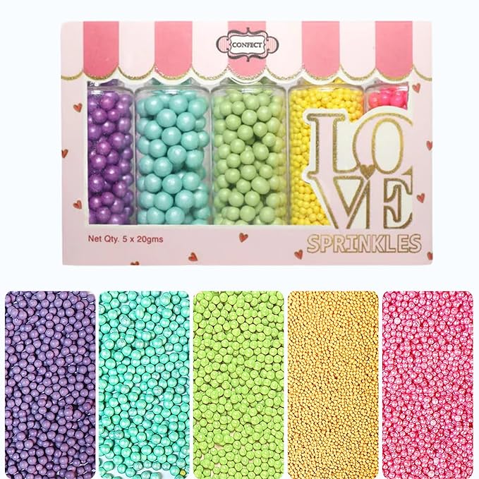 Confect Pearl Sprinkles – Tropical Summer 5 Pack Dragees Mix (Purple, Teal, Sea Green, Yellow & Bright Pink) – Fun & Festive Cake and Cupcake Decorations – Vegan, Gluten-Free, Nut-Free, Soy-Free, Dairy-Free, Palm Oil-Free, No Artificial Dyes- 5 Oz