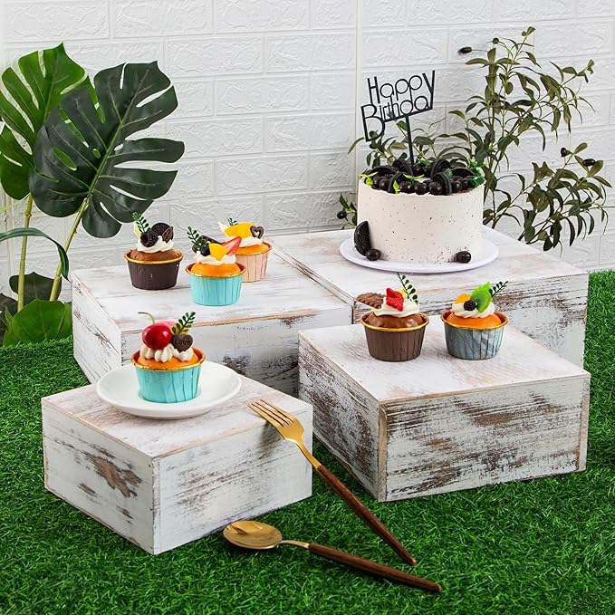 Vintage Brown Square Wooden Cake Stands For Display,Set Of 4 Wood Cupcake Stands Risers, 12 Inches Rustic Wood Crates For Wedding Cake Display,Square Wooden Display Risers For Home Decor . (Vintage White)