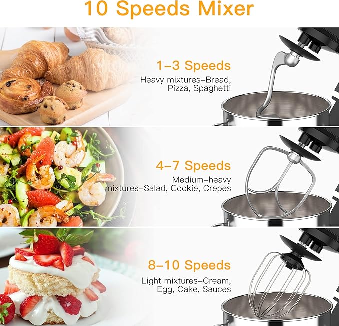 Garvee 7.5 QT Stand Food Mixer, 10-Speed Tilt Head 3 in-1 Kitchen Electric Mixer with Stainless Steel Bowl, Egg Whisk, Dough Hook, Beater, Splash Guard, Compact Dough Mixer for Home Cooks, Black