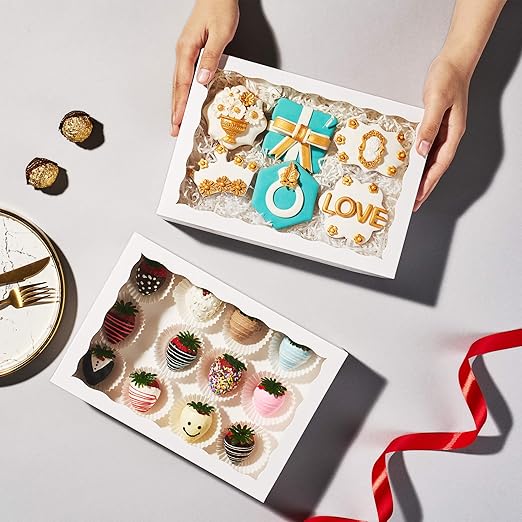12PCS 10 x 7 x 2.5 inches Premium Fancy White Strawberry Boxes, Cookie Boxes, Elegant White Bakery Box with Display Window