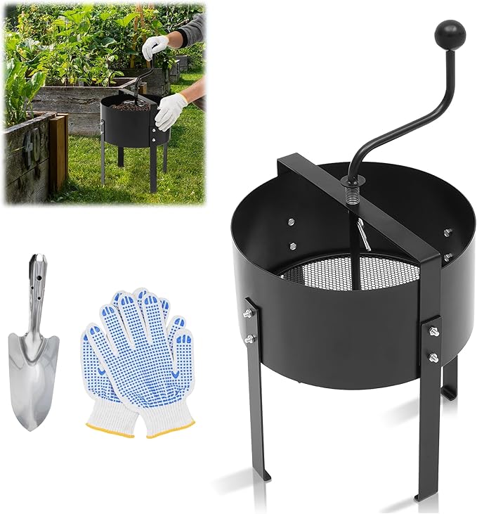 Rotary Soil Sifter Compost Sieve with Gloves and Shovel, Steel Garden Potting Sifting Mesh Rock Sand Dirt Sieve, 13" Sifting Filter with 1/5 Inch Mesh Sifting