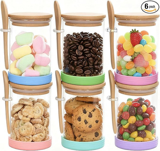 6pcs 18.5 oz Glass Jars with Spoons and Bamboo Lids Glass Overnight Oats Jar - Airtight Overnight Oats Container with Lid and Spoon for Spices, Coffee Bean, Sugar, Food Storage