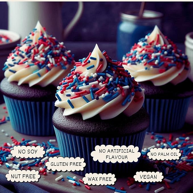 Confect Cake Mate Dessert Sprinkles – Red, Navy Blue & White Vermicelli Sprinkles – Edible Toppings for Cake Decorating, Cupcakes, Cookies & Ice Cream | Vegan, Gluten-Free, Soy-Free, Dairy-Free, Palm Oil-Free- 4.2 Oz