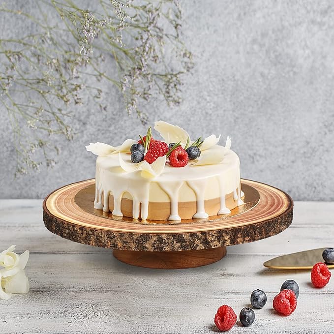 12” Wood Cake Stand with Wooden Slice Cake Topper and Cake Cutting Set, Suitable for Wedding Receptions or Any Special Events