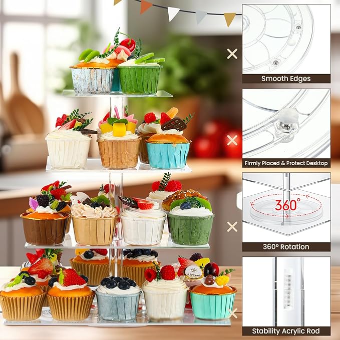 Tiered Cupcake Display Stand Rotatable Cake and Cupcake Tower Stand Combo Clear Acrylic Cake Holder with Tiered Tray for Dessert Pastry Birthday Wedding Party Table(4 Tire and Rectangle)