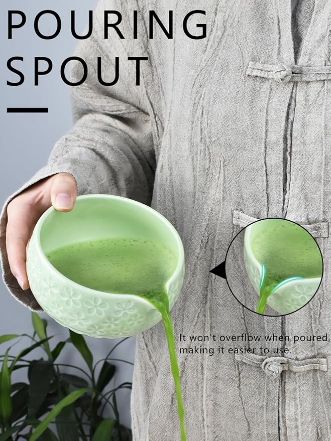 Artcome Matcha Tea Set – Green Sakura Embossed Ceramic Bowl 17oz with Bamboo Whisk, Whisk Holder, Strainer, Scoop, Tea Spoon, Cloth – Traditional Japanese Matcha Kit for Daily Use & Gift Giving