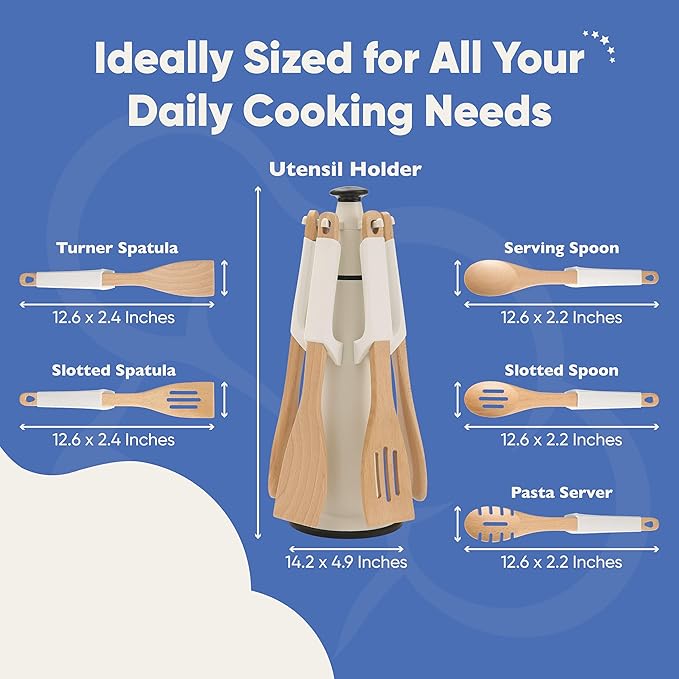Chef’s Path Wooden Cooking Utensils Set – 5-Piece Beech Wood Kitchen Utensils Set with Silicone Spoon Rest, Wooden Spatula, Serving Spoon, Wooden Spoons for Cooking & Rotating Utensil Holder, White