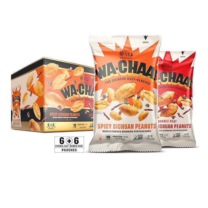 WA-CHAA! Spicy Sichuan Peanuts, Numbing Mala Peppercorns, Toasted Chili Flakes, Protein-Packed, Party Snacks, Non-GMO, On-The-Go Travel Size 1.5 Oz (12 Pack, Variety (6 Original, 6 Double Heat))