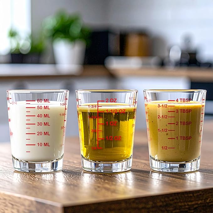 Amazing Abby - Melinda - 6-Pack Plastic Measuring Cups, 2-Ounce Unbreakable Shot Glasses, Food-Grade Measuring Jugs, Stackable and Dishwasher-Safe, Great for Espresso, Liquor, and More