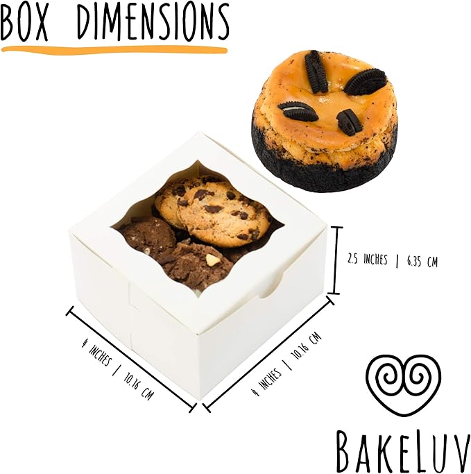 BAKELUV 25pcs White Small Cookie Boxes with Window, 4x4x2.5 Inches Bakery Boxes, Mini Cake, Treats, Macaron Packaging, Individual Cupcake, Gift Giving