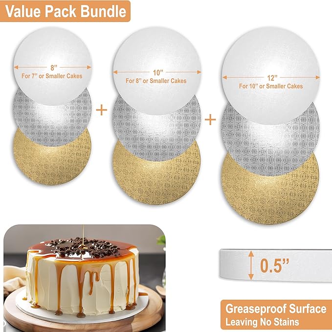 BOARDS+ 9 Pack Cake Drums 8, 10 & 12 Inch in White, Silver & Gold Color | 1/2" Thick CakeBoard Circle Rounds + Free Prop Up Tools | Fully Greaseproof, Sturdy for Heavy/Tiered Cakes