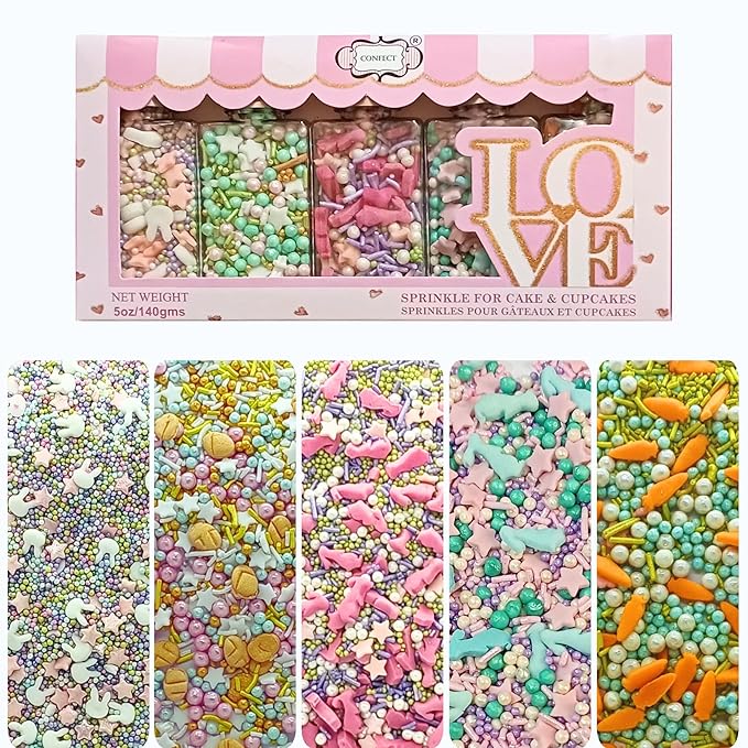 Confect Spring Sprinkle Mix – 5-Pack Bunny-Themed Edible Sprinkles | Pink, White & Blue with Stars, Pearls & Vermicelli | Perfect for Cakes, Cupcakes, Cookies & Baking | Vegan, Gluten-Free, Nut-Free, Soy-Free, Dairy-Free, Palm Oil-Free- 5 Oz