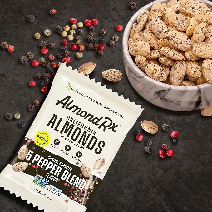 AlmondRx | Heart Healthy Skinless Lightly Salted California Almond Snack Packs | Fortified with Vitamin D | Plant Protein | Keto | Vegan | No Sugar Added (12 Pack, 5 Pepper Blend)