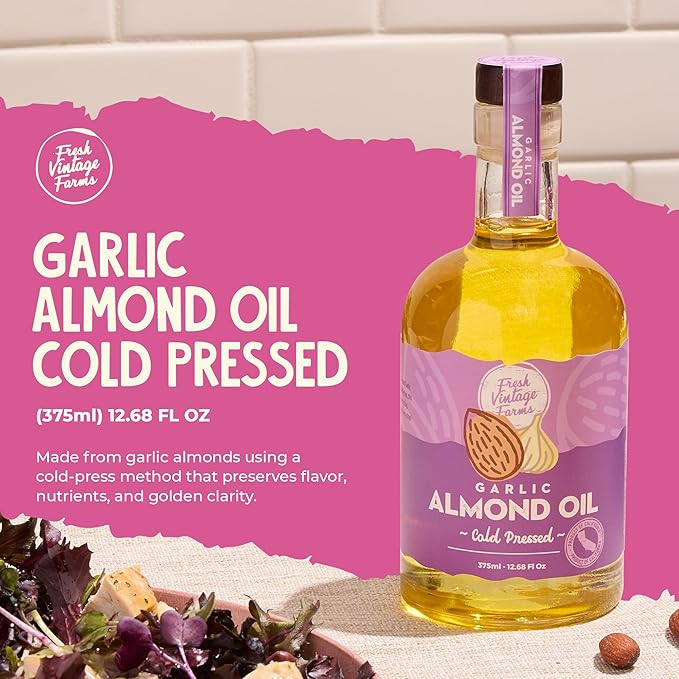 Fresh Vintage Farms Garlic Infused Almond Oil | Cold Pressed Garlic California Almond Oil | Cold Pressed & Flavorful Cooking Oil for Grilling, Baking, Dipping, & Salads | 12.68 Fl oz, Pack of 2