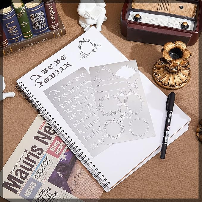 Lewtemi 8 Pcs 4 x 7 Inch Metal Letter Number Stencils Stainless Steel Metal Alphabet Stencils for Engraving Painting Journaling Bookmark Flower Vines DIY(Stylish Style)