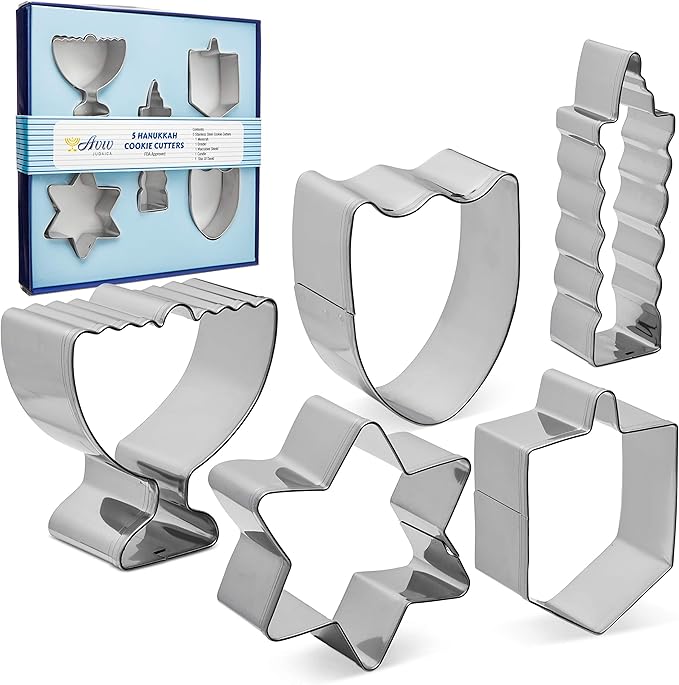 Hanukkah Fun Stainless Steel Cookie Cutters Molds Set of 5 Chanukah Story Shapes - Menorah - Dreidel - Candle - Maccabee Shield - Star of David