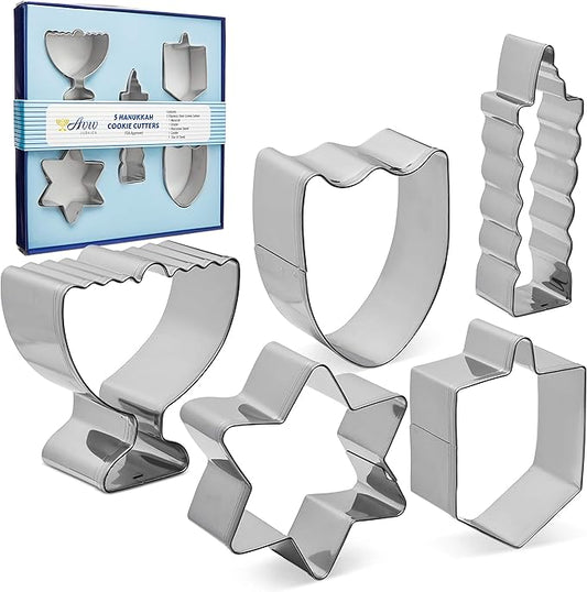 Hanukkah Fun Stainless Steel Cookie Cutters Molds Set of 5 Chanukah Story Shapes - Menorah - Dreidel - Candle - Maccabee Shield - Star of David