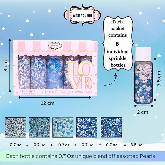 Confect Christmas Sprinkles | Sky Blue, Blue & White Mix | Edible Pearl, Star & Flower Shaped Sprinkles | Winter Holiday Cake & Cupcake Decorations- 5 Oz