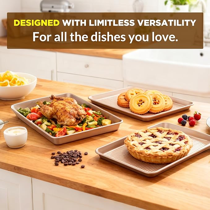 Saker nonstick baking sheet pan set,EvenHeat Baking Sheets Set of 2, Non-Stick Cookie Pan for Perfect Baking Results, Oven Safe Carbon Steel Bakeware (Champagne Gold)
