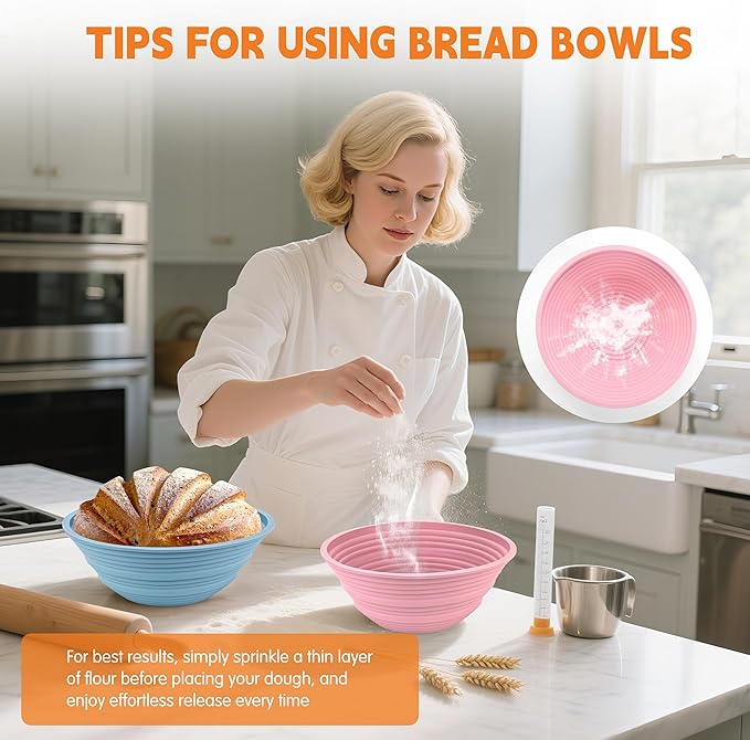 4Pcs Silicone Banneton Bread Proofing Baskets, 10" Round Foldable Non-Stick Dough Proofing Bowl Containers-BPA Free, Optimum Sourdough Bread Baking Supplies