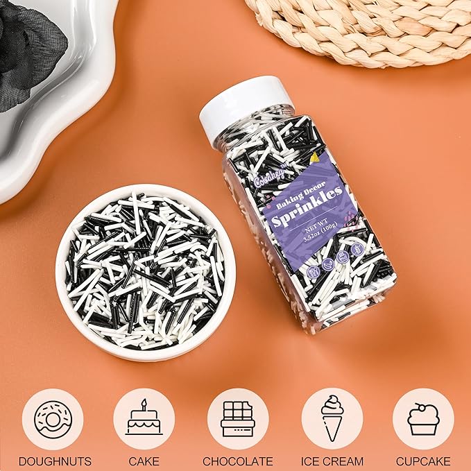 Jimmies Sprinkles for Cake Decorating, White & Black Sprinkles Perfect for Cupcake Toppers Wedding Party Valentines Halloween Christmas Supplies 3.52 Ounce