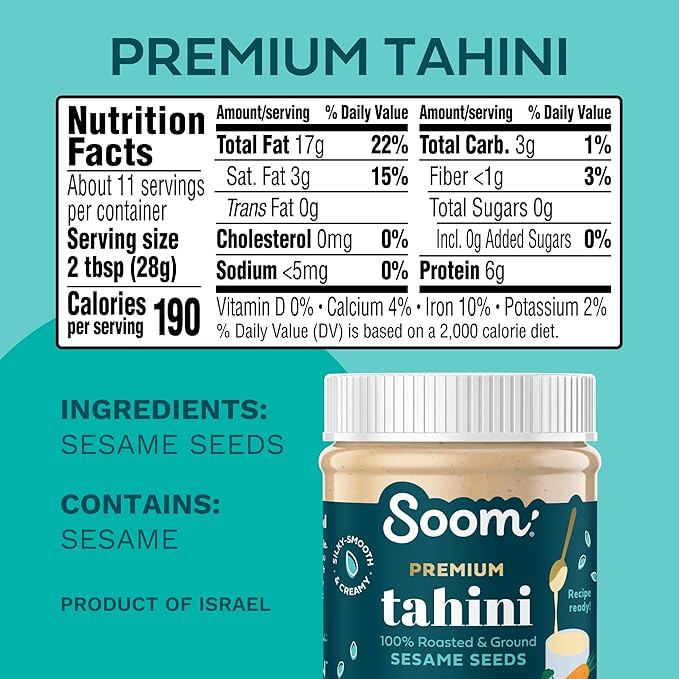 Soom Foods Ground Premium Sesame Tahini Paste 11oz (2 Pack) | Silky Smooth Texture in Hummus, Dips, Dressings | Vegan, Nut-Free, Gluten-Free, Kosher, Keto, Paleo, Whole30