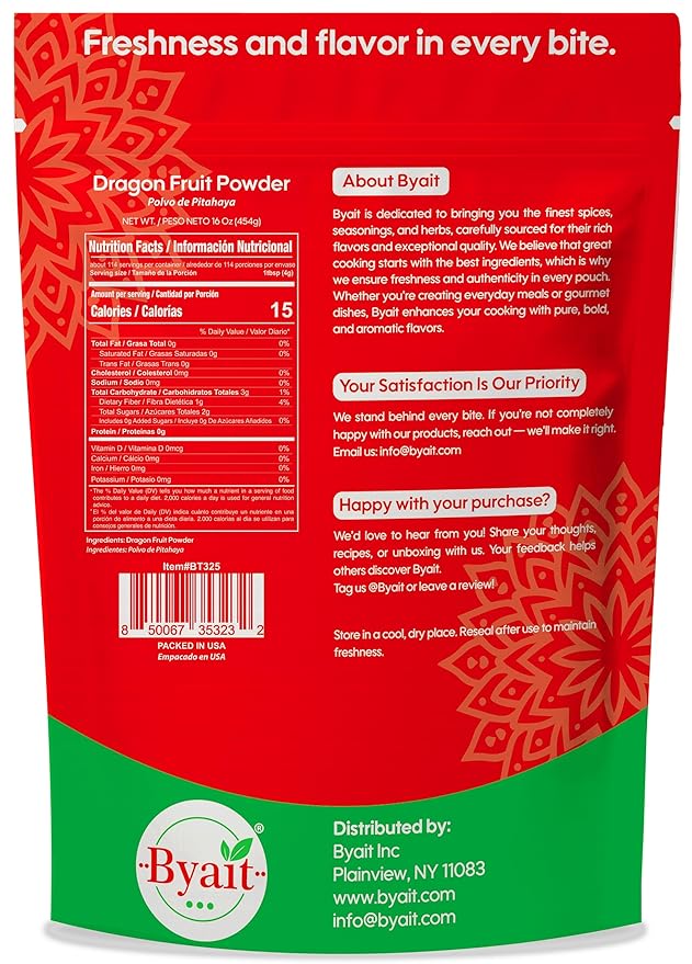 Byait Freeze Dried Dragon Fruit Powder 1 lb, Fine Pitaya Powder for Food Coloring, Baking, Smoothies, Drinks, Ice Cream, Cocktails, Vegan, Non-GMO, No Added Sugar