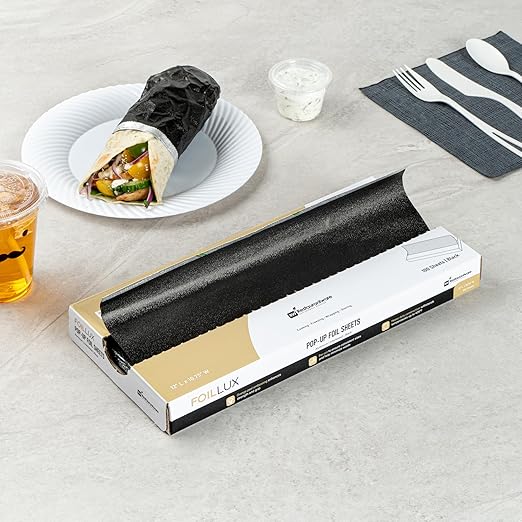 Foil Lux 12 x 10.8 Inch Pop-Up Foil Sheets, 100 Disposable Foil Papers For Food - Orange Peel Embossing, Interfolded, Black Aluminum Foil Sheets, Greaseproof, Freezable, Oven Ready - Restaurantware