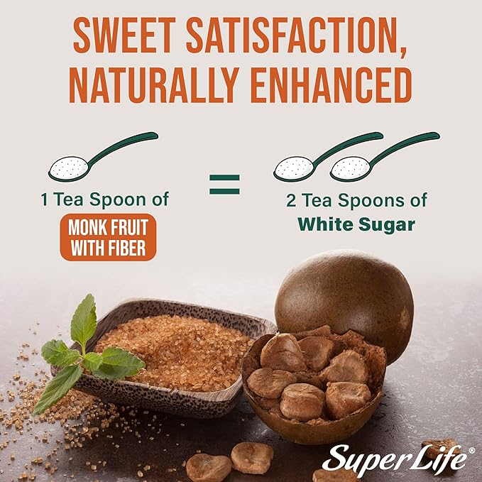 Super Life Monk Fruit Sweetener with Fiber – Low-Glycemic Index, Diabetic-Safe & Erythritol-Free Sugar Alternative for Baking, Beverages & Caramelizing | Non-GMO, Low-Calorie, Keto & Low GI Food – 7oz / 200g