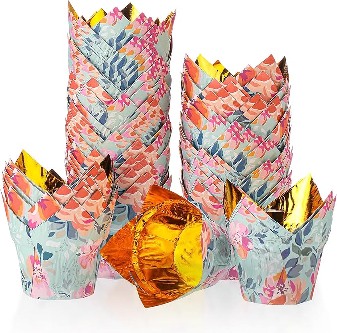 Flower Tulip Cupcake Liners Wrappers Baking Cups Cupcake 100 Pcs Food Grade Gold Foil Green Floral Design for Bridal Shower Wedding Festival Party