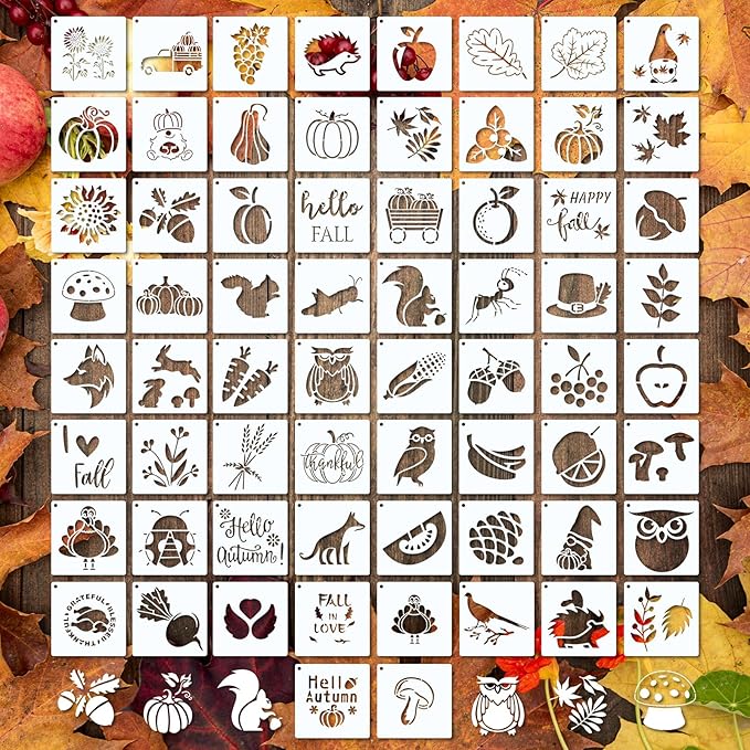 66 Pcs Small Stencils for Crafts Reusable 3 Inch Stencils for Painting on Wood DIY Craft Paint Template for Wall Home Decor Card Rock Canvas Drawing Holiday Ornament(Autumn)