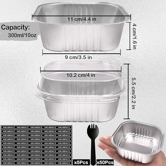 10oz Mini Cake Pans With Lids 50 Pack,Aluminum Foil Square Brownie Baking Cups,4”x4” Disposable Loaf Pans With Lids and Spoons Stickers,Large Cupcake Pans Muffin Cake Tins Cake Container(Silver)