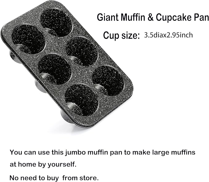Monfish Jumbo Deep Muffin Pan 6 Extra Large Cup Cupcake Tray Black Granite Finish Muffin Tin Carbon Steel