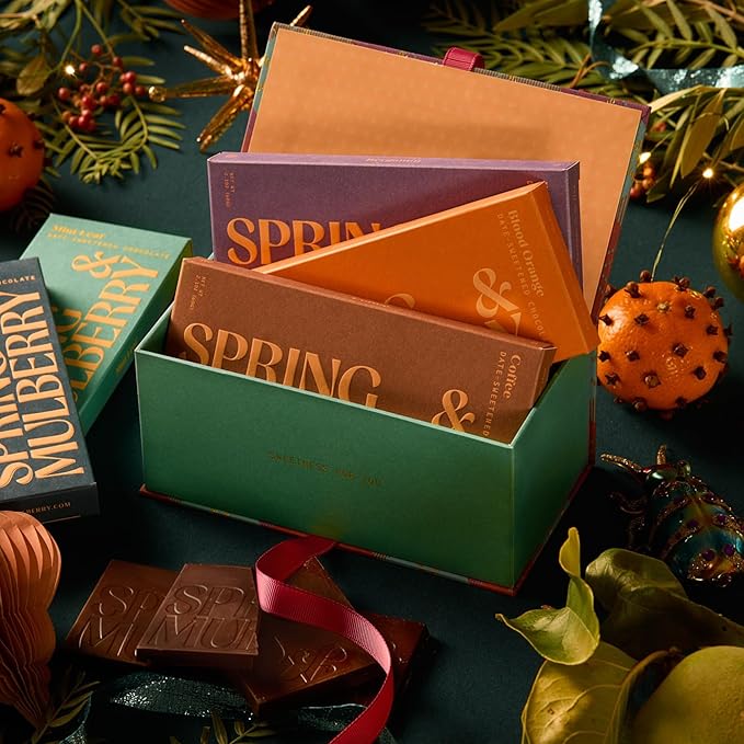 Spring & Mulberry Holiday Dark Chocolate Bars - Refined Sugar Free Dark Chocolate Sweetened w/Dates, Gluten Free Holiday Bars, Vegan Bar Treats - Essence Gift Set