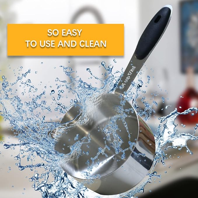 1PCS 3/4Cup (177ml, 6oz) Single Measuring Cup with Black Silicone Grip, Stainless Steel Individual Measure Scoop Only