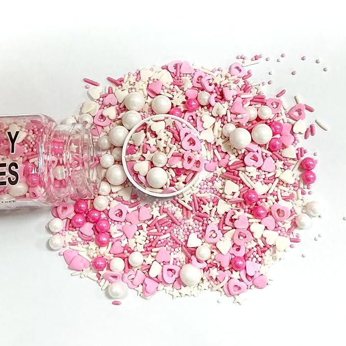 Valentines Sprinkles for Cake Decorating,Edible Pink White Pearl Confetti Jimmies Heart Sprinkles 100g/3.5oz Baking Ice Cream Cupcakes Wedding Party Valentines Christmas Supplies