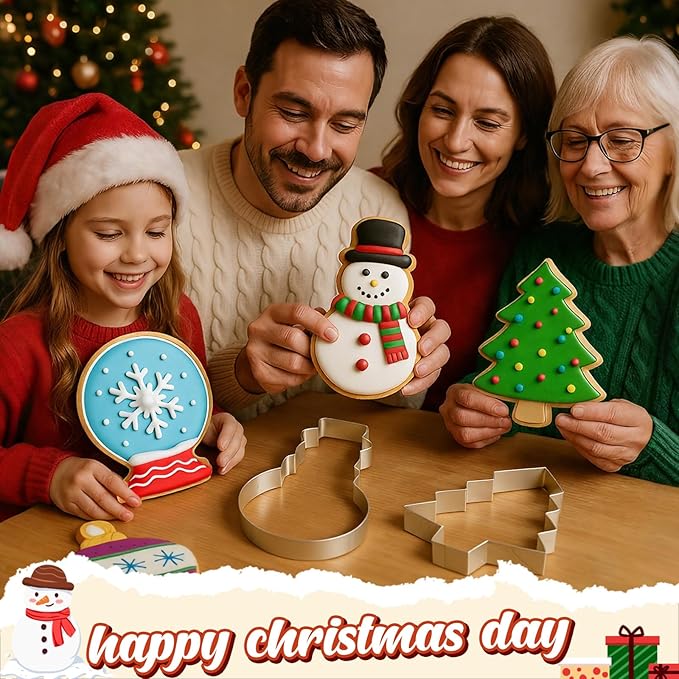 6 Pcs Christmas Large Cookie Cutters 8" Stainless Steel Metal Christmas Baking Cookie Molds for Holiday, Xmas Tree, Ornament, Teardrop Bauble, Finial, Snow Globe, Snowman