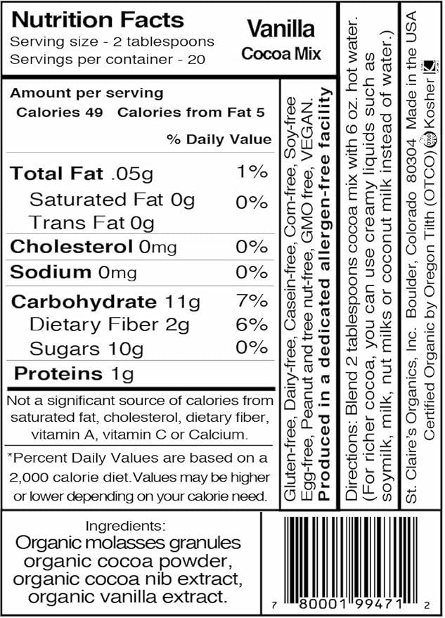 St. Claire's Organic Gourmet Hot Cocoa, (Vanilla, 12 Ounce Bag, 20 servings) | Allergen-Free, Vegan, GMO-Free, Gluten-Free | Made in our Allergen-Free facility