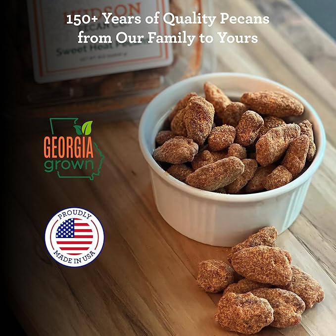 HUDSON PECAN COMPANY: Sweet Heat Georgia Pecans | Perfectly Balanced Roasted Sweet Flavor with a Little Kick (Heart Healthy Gourmet Candied Nut Snack, Great for Salads or Snacking), 8 oz Resealable Pouch
