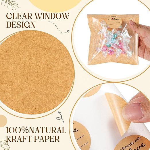 Outus 100 Pcs Cookie Packaging Bags with Seal, 4 x 4 Inch Bakery Pastry Bags with Window, Heat Sealable Grease Resistant Paper to Go Bake Sleeves for Gift Giving Donut Bread Sandwich (Brown)
