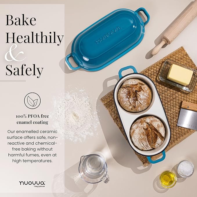 Dutch Oven For Sourdough Bread Baking – Enamelled Cast Iron Bread Loaf Pot – 500°F Oven Safe Non Stick Bread Pot – Double Round Loaf Space, 16.5cm Diameter, Light Blue, – by Nuovva