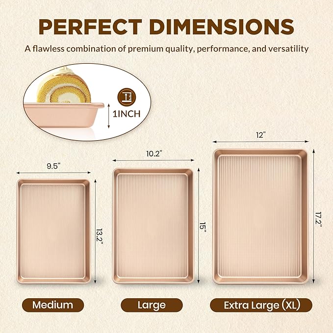 Saker nonstick baking sheet pan set,EvenHeat Baking Sheets Set of 2, Non-Stick Cookie Pan for Perfect Baking Results, Oven Safe Carbon Steel Bakeware (Champagne Gold)