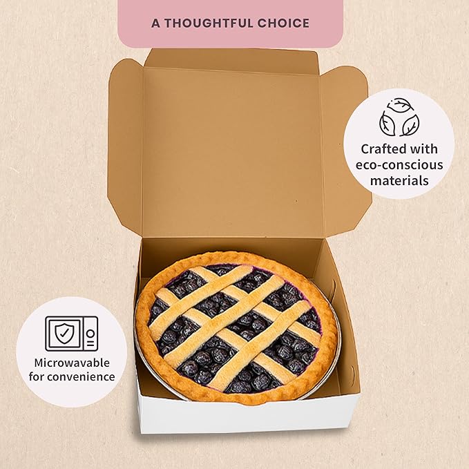 Reversible Bakery Boxes 9 x 9 x 3 in, No Window Lock Corner Pie and Tart Boxes with Front Tuck Lock & Side Clips, Kraft or White Exterior, Microwavable, 100 Pack