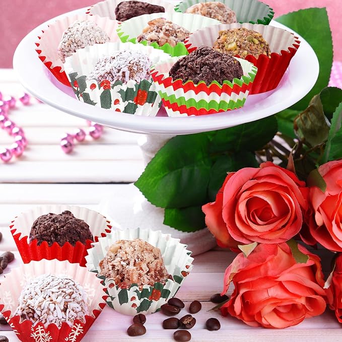 Funtery 600 Pcs Christmas Cupcake Liners Mini Muffin Liners Paper Candy Cups 1.3 Inch Holly Print Baking Cups Small Xmas Cupcake Wrappers for Baking Truffles Chocolates Making(Vibrant)