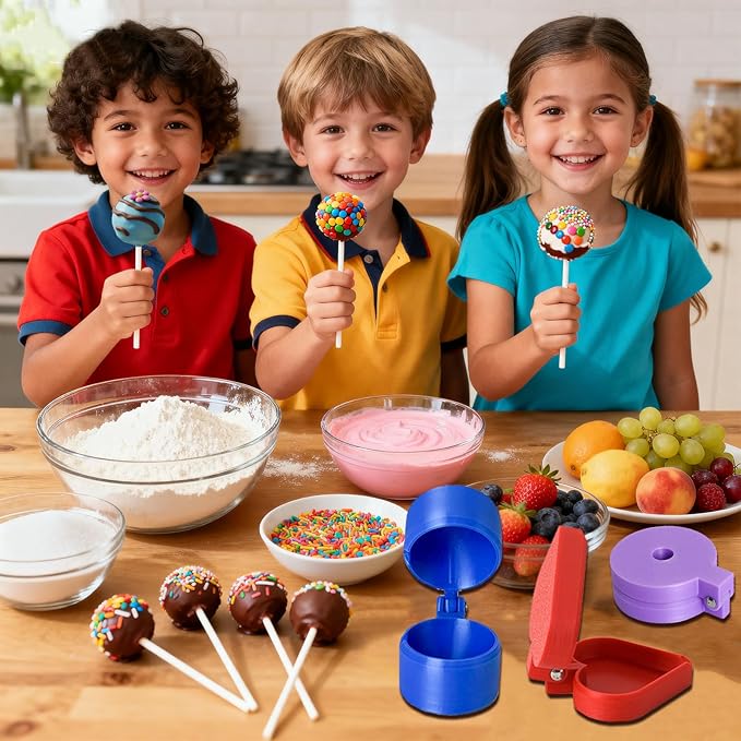 4 PCS Cake Pop Mold Press Set for Sphere, Heart & Ring Shapes - 3D Printed Cake Pop Maker with Cutter and Pusher Tool for Home Baking, Birthday Parties, Wedding Dessert